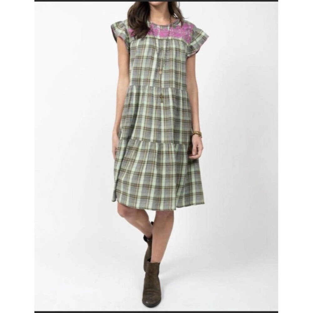Sister Mary Embroidered Paloma Shift Dress Cotton‎ Plaid Floral Flutter Sleeve S
